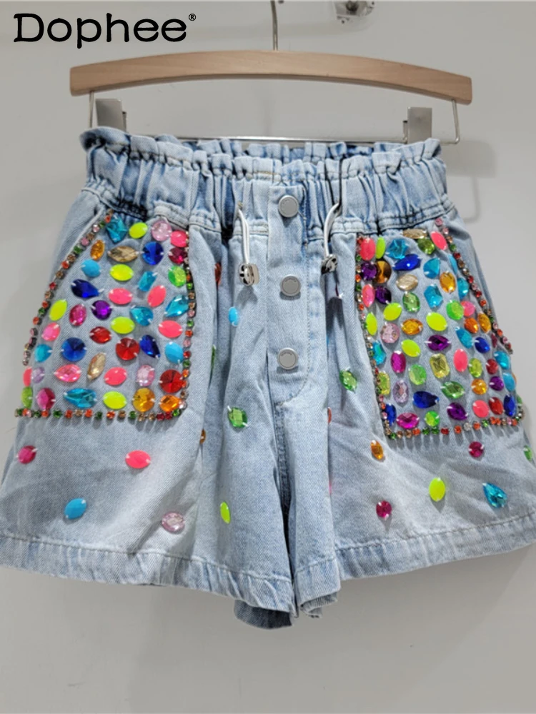 

Fashion High Waist Wide Leg Shorts 2024 Summer New Heavy Industry Inlaid Color Diamond Beaded Elastic Waist Denim Shorts Women