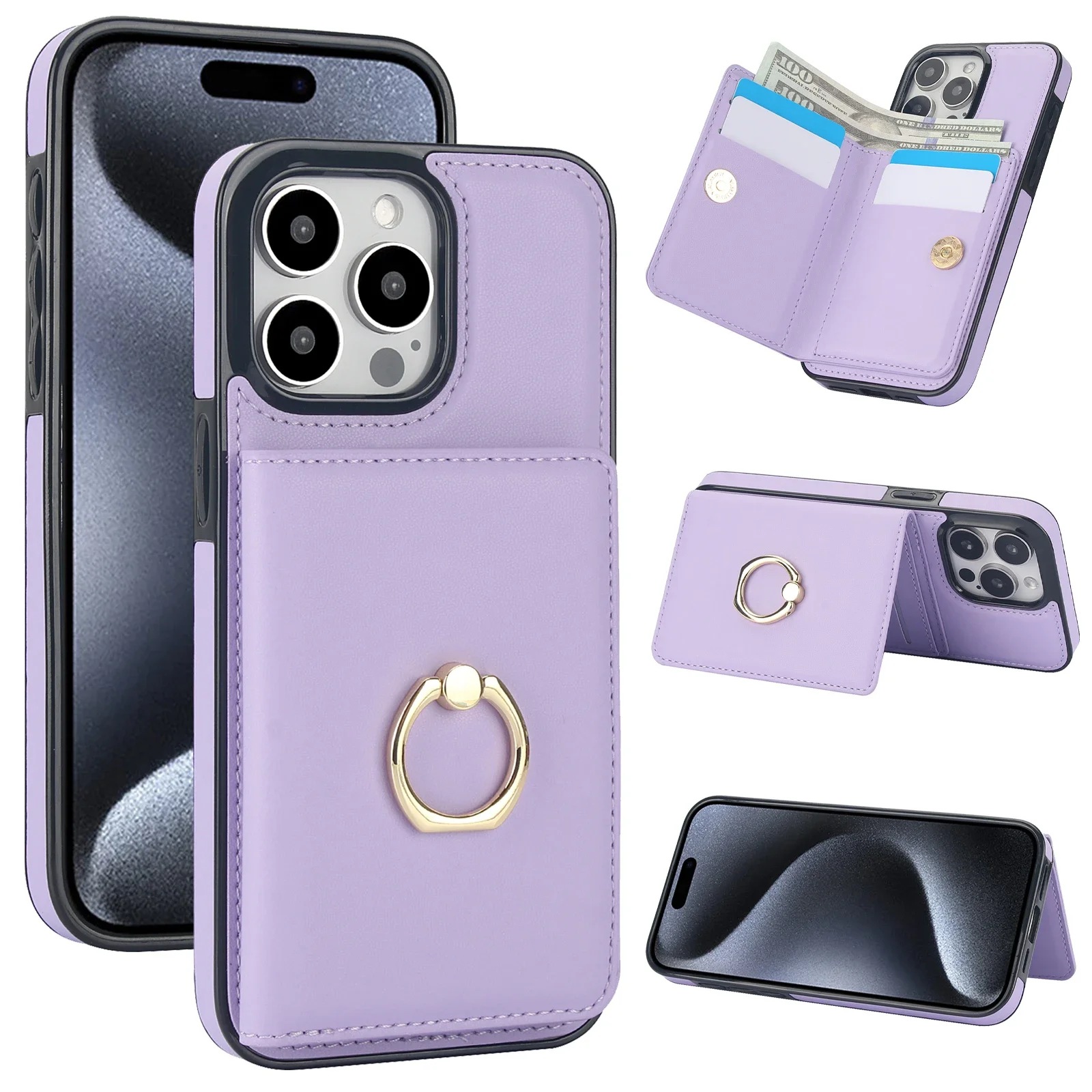 Leather RFID Card Holder Wallet with Ring Stand and Pocket Cover