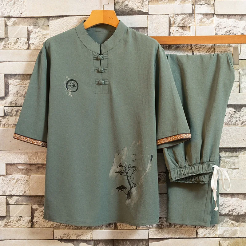 Casual Chinese Style Men's Summer Outfit with Buttoned Hanfu Traditional Tang Suit T-Shirt And Nine-Piece Pants Two-Piece Set