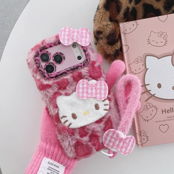 Cute Hello Kitty Leopard Print Furry Plush Winter iPhone Case