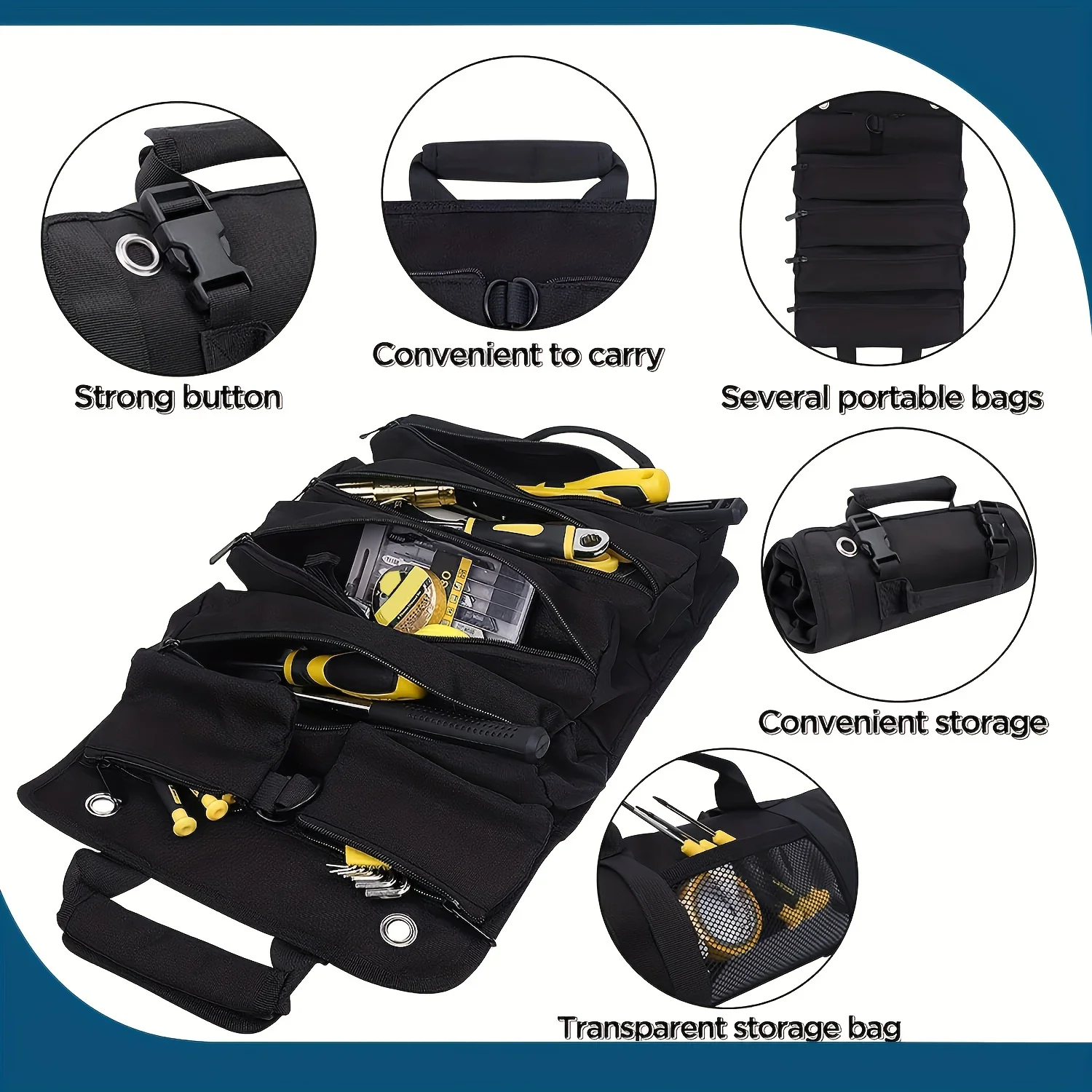Compact Heavy-Duty Roll-Up Organizer with Detachable Pouches