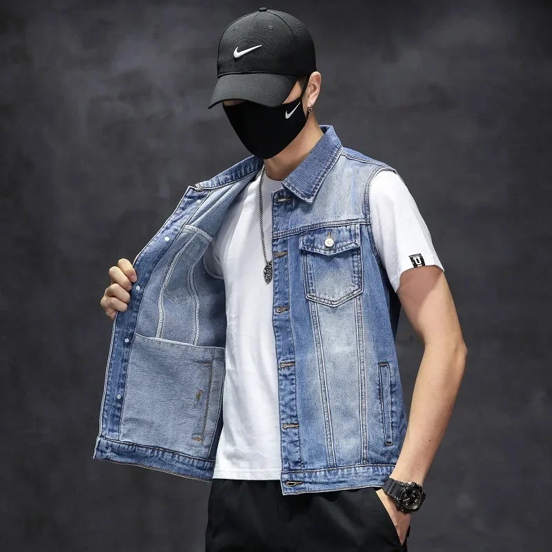 Denim Vest Men's Spring Summer Autumn Plus Size Casual Hong Kong Style Trendy Invest Youth Sleeveless Shoulder Vest