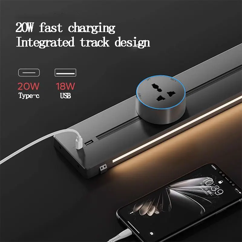US Movable Sliding Track Rail Socket With Induction Light Kitchen island Table Power Strip With USB Type-c 20W Fast Charging