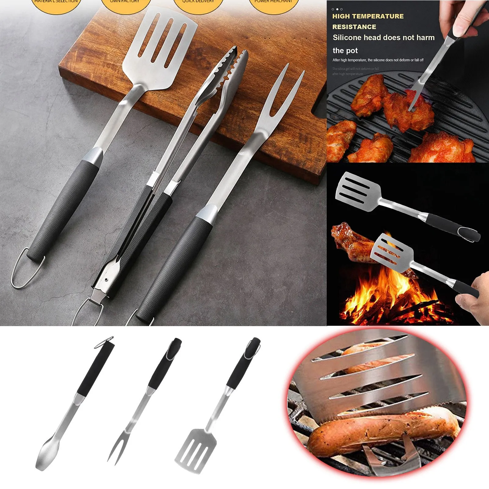 

Outdoor Bbq Barbecue Tool Set 3 Piece Stainless Steel Barbecue Fork Barbecue Tongs Barbecue Spatula Extra Long For Deep Fryer