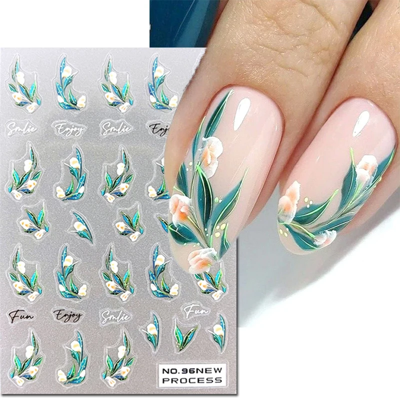 

3d Nail Art Decals New Ultrathin Champagne Color Flowers Green Leaves Adhesive Sliders Nail Stickers Decoration For Manicure