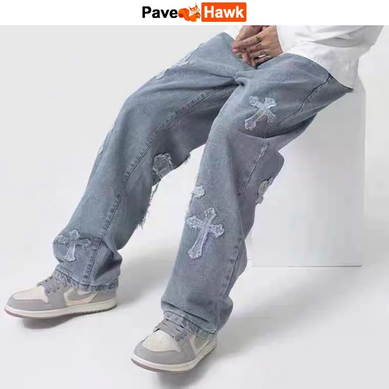 

Blue Jeans Men Hip Hop Cross Patch Straight Pants Trousers Harajuku Streetwear Loose Casual Washed Denim Pants Unisex Jogging
