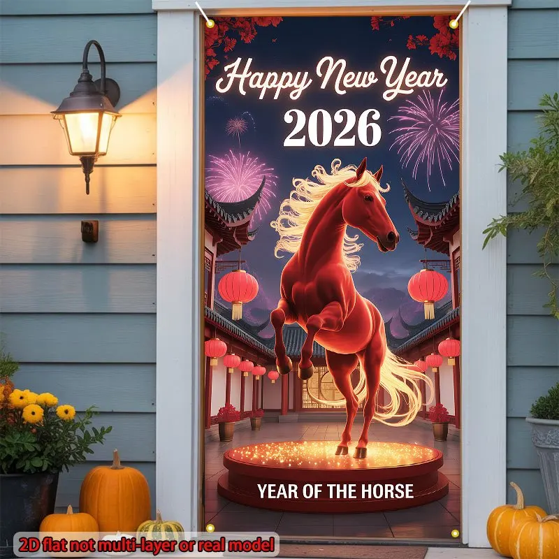 2D 평면, 1개 2026 말 문 배너 - 생동감 넘치는 빨간 말과 불꽃 디자인, 폴리에스터, 휴일 문 배너