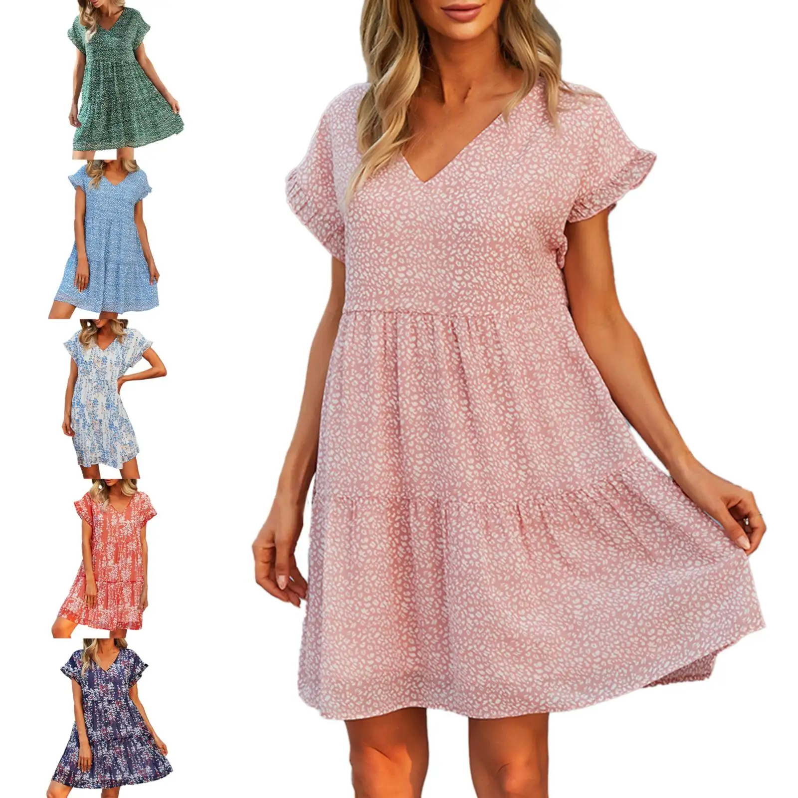 Women's Summer V Neck Print Dress Summer Flowing A Line Dresses Loose Temperament Good Dress