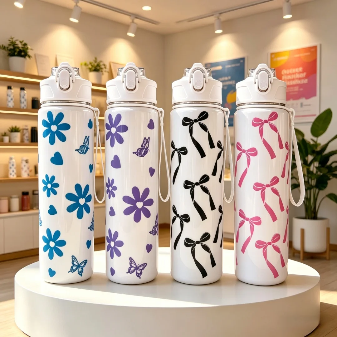 Chic Bow & Floral Water Bottle, Premium Texture, Elegant Design, Spacious, Lightweight, and Leakproof