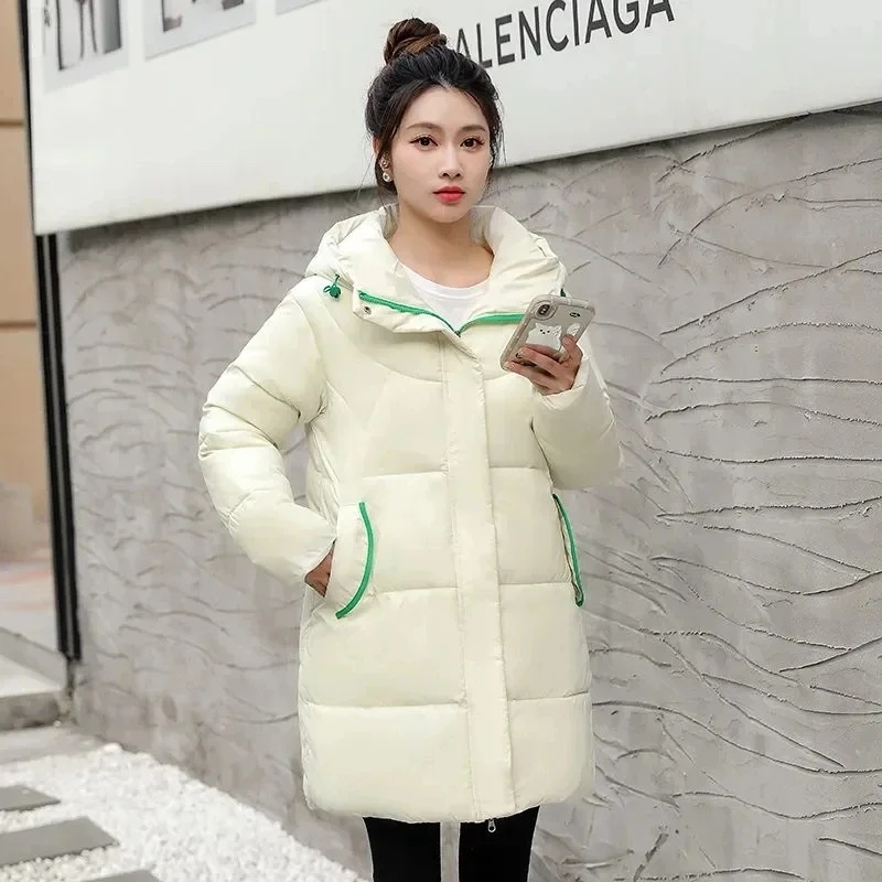

t Women New Down Cotton Jacket Loose Puffer Coat Hooded Parkas Long Coat Thicken Warm Female Snow O