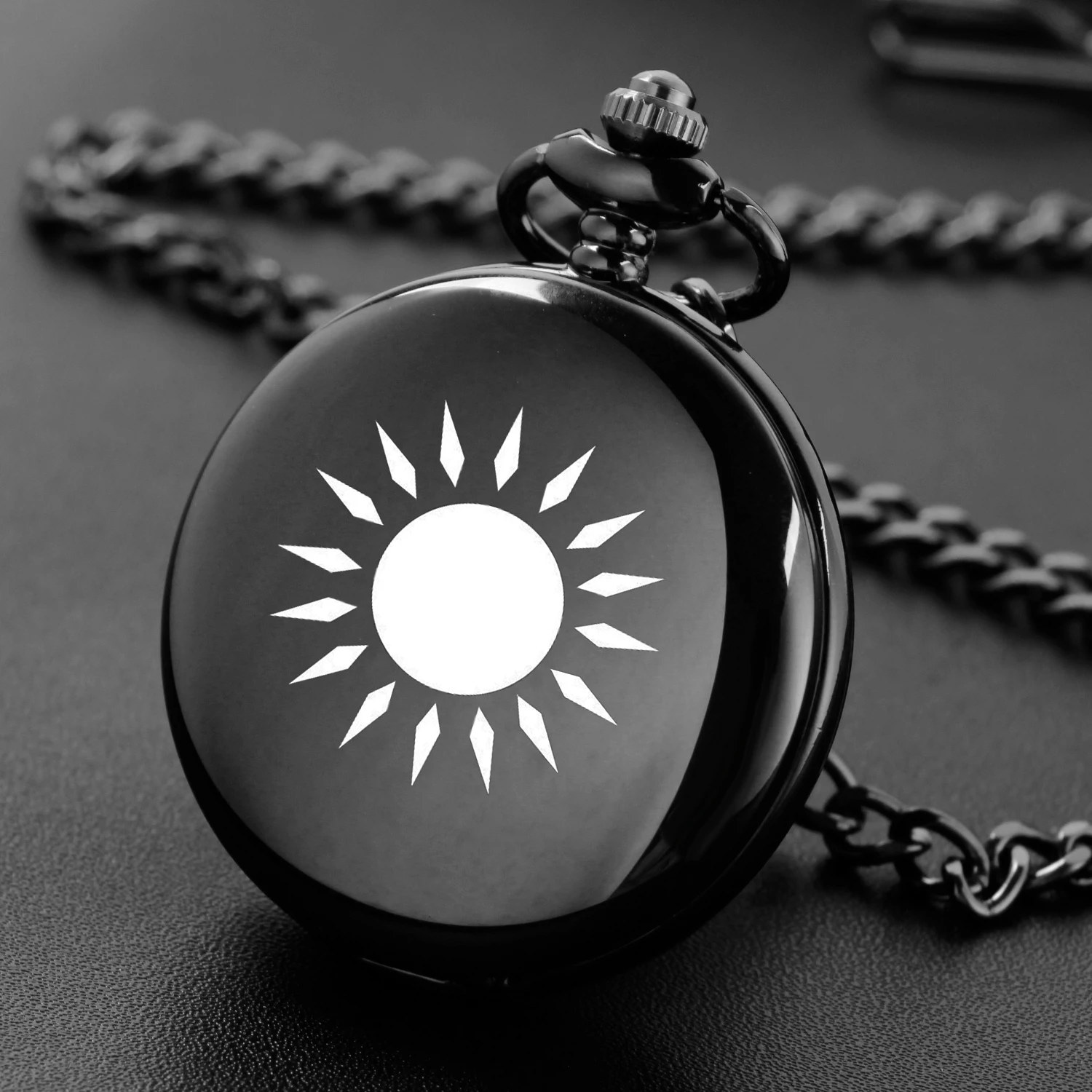 

The sun element simple design carving english alphabet face pocket watch a belt chain Black quartz watch perfect gift