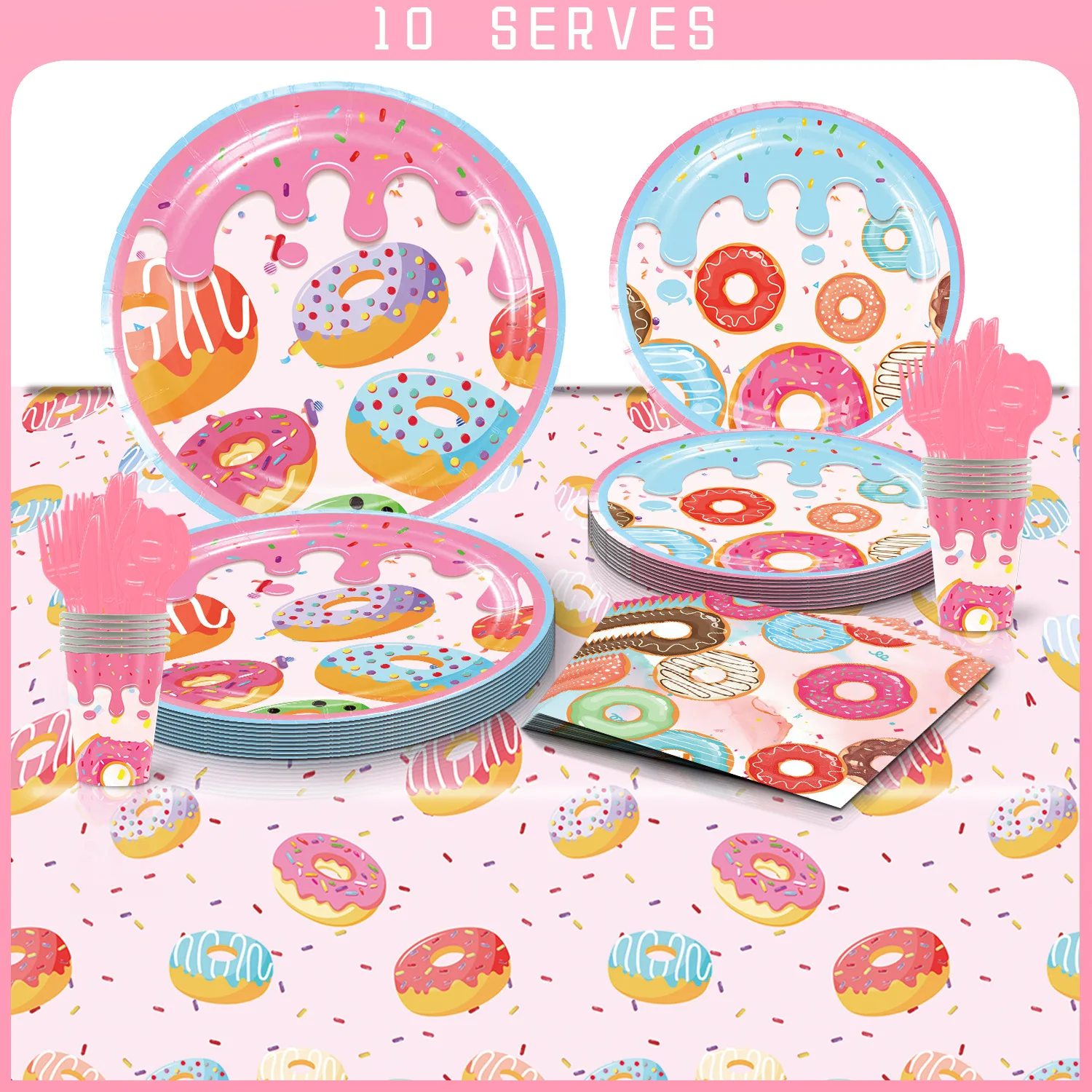 Donut Themed Birthday Party Tableware Set for Children, Disposable Dinner Plate, Paper Cup, Paper Towels, Knife, Spoon, Tableclo