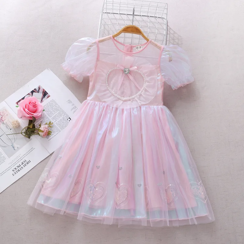 

3-10Years Girls Summer Dress Short Sleeve Sweet Love Heart Pink Bluey Dresses New Medium Children Party Princess Clothes Vestido