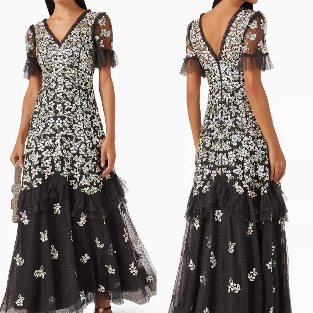 

Zhitomyr Fashion High Quality V-neck A-line Evening DressesRhinestone Sequin Anke Length Organza Custom Dress