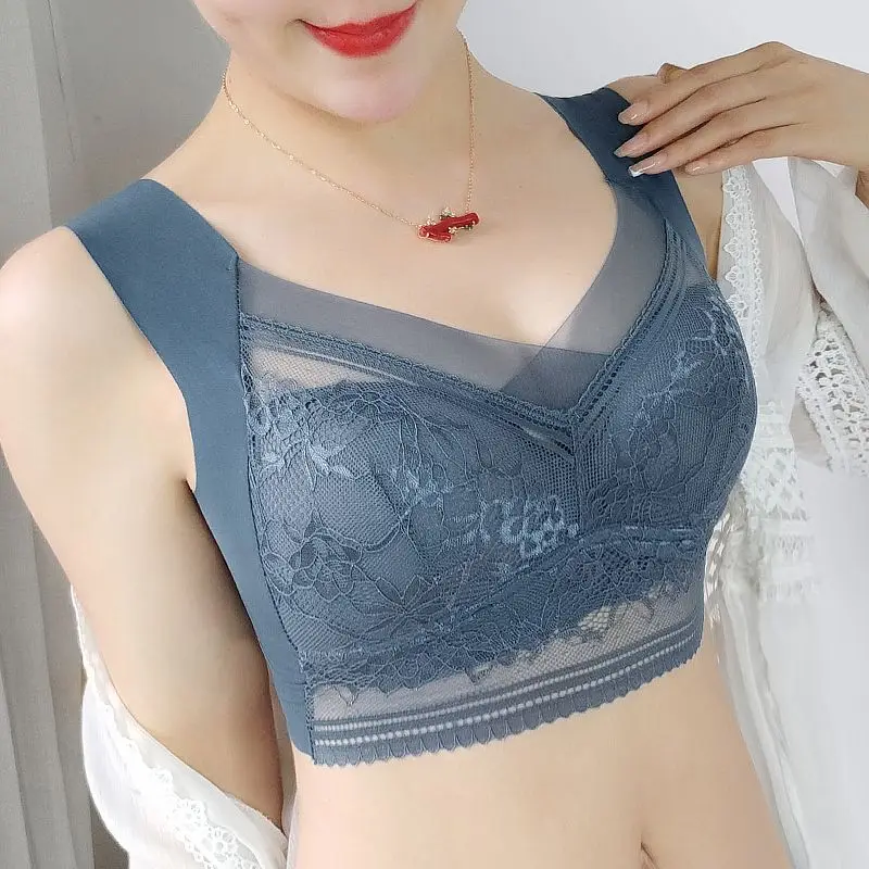 

French Lace Without Steel Ring Fixed Cup Closure Non Marking Beautiful Back Large Size Gathered Underwear Middle-aged Women Bra
