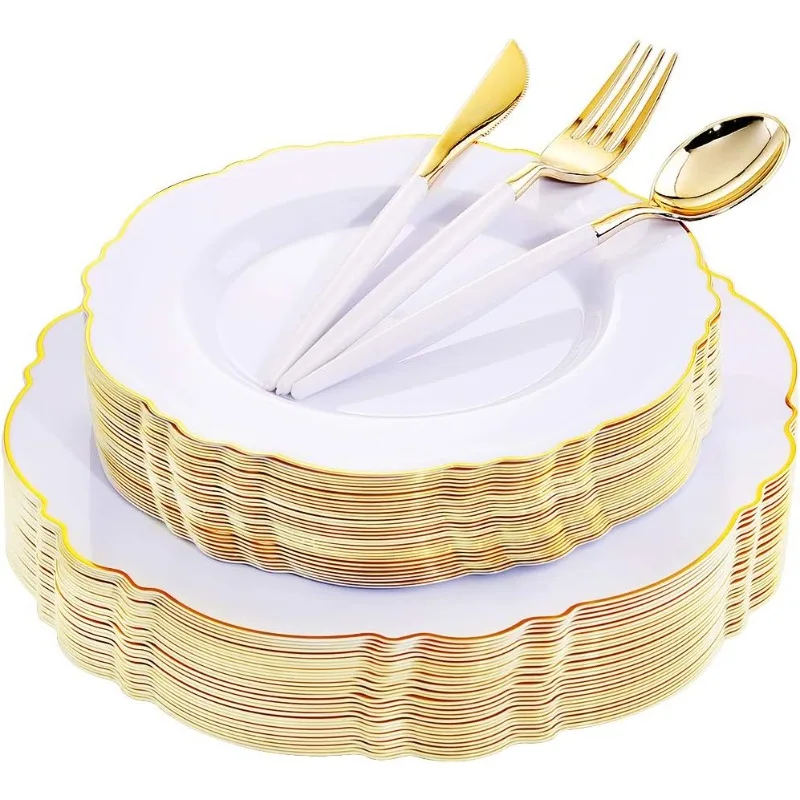 30Guest Plastic Plates Disposable-Plastic Silverware With Handle Plates Disposable for Weddings, Parties, Mother's Day