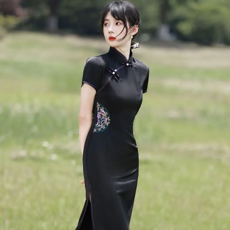 Women Black Cheongsam Short Sleeve Female Chinese Traditiional Long Dress Vintage Qipao S To XXL