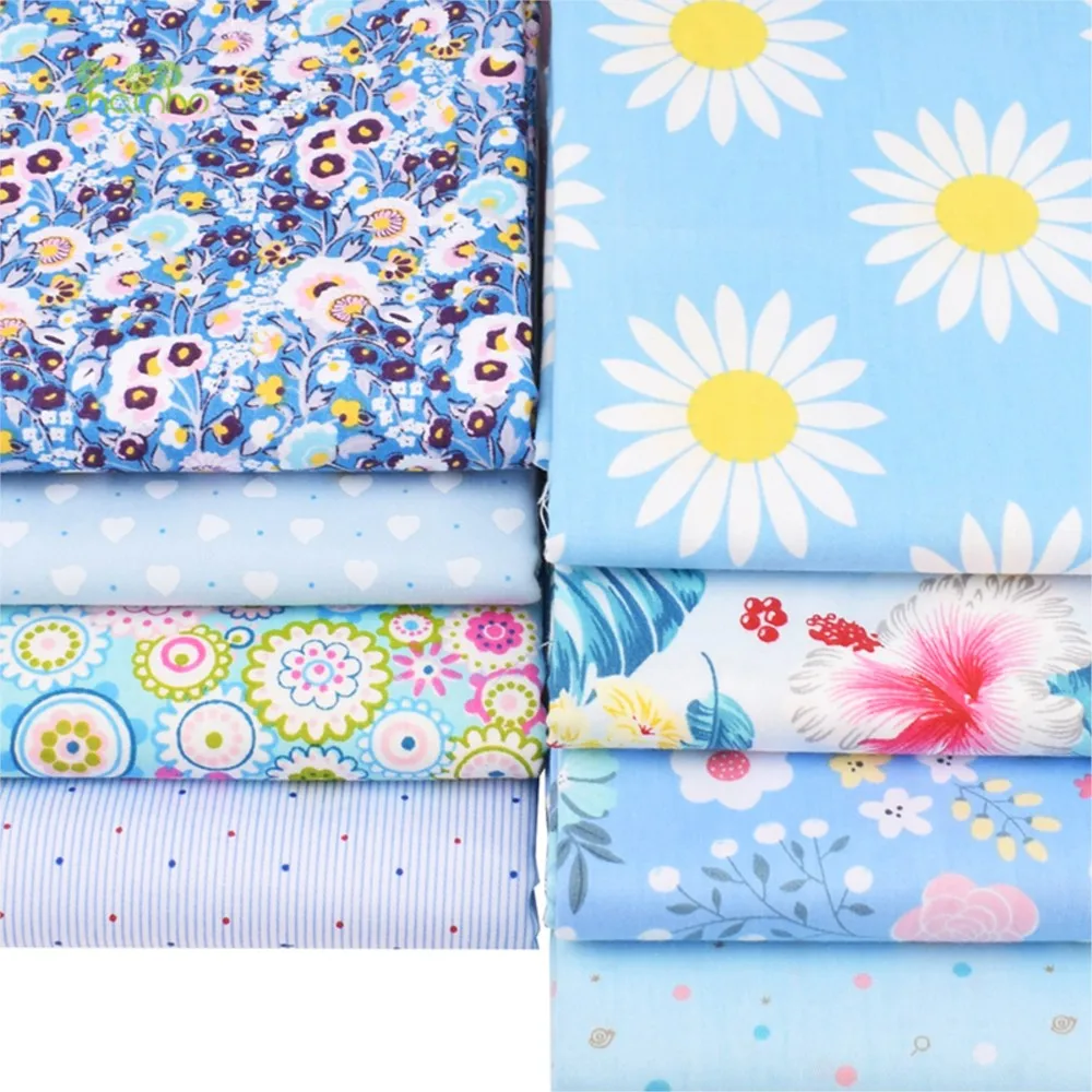 Chainho,Printed Twill Weave Cotton Fabric,Patchwork Cloth,DIY Sewing Quilting Material,Blue Floral Serie,8 Designs,2 Sizes,CC302