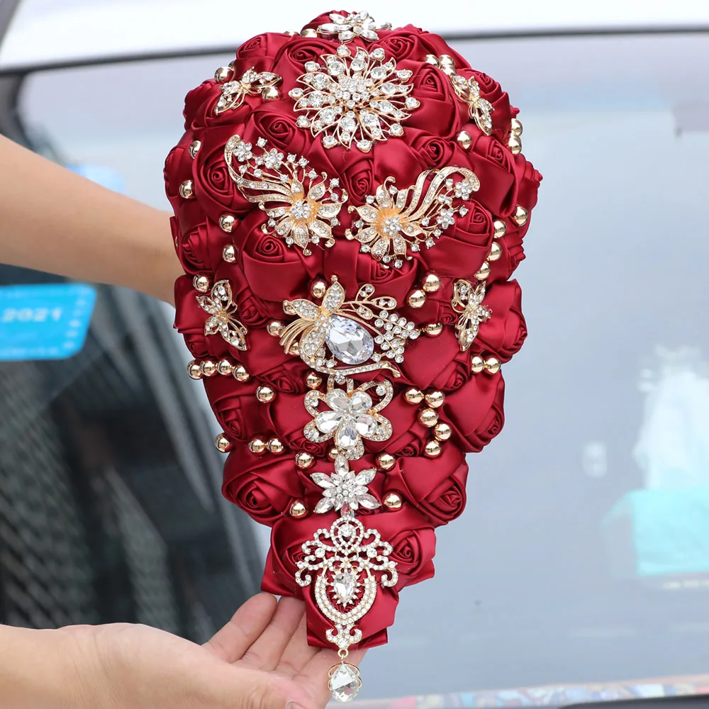 Cascading Bridal Bouquet Wedding Bridal Bouquet Artificial Rose Flowers with Ribbons Waterfall Flowers Bunch Burgundy