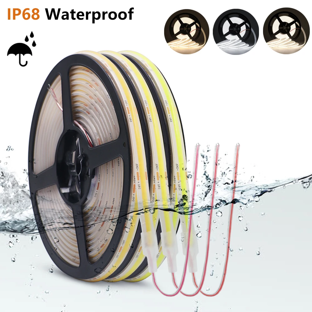 IP68 Waterproof COB LED Strip DC 12V 24V 5M 10M 15M 320LEDs/m Flexible FOB LED Tape for Sauna Swimming Pool Outdoor Lighting
