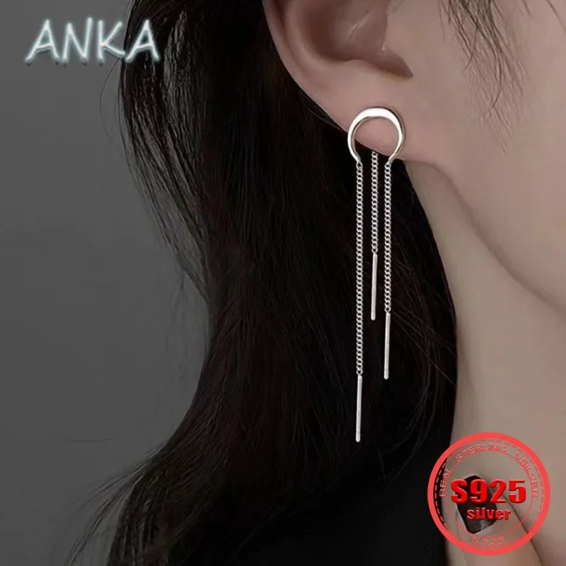 ANKA NEW S925 sterling silver curved crescent tassel earrings simple fashion long women's stud earrings show thin face