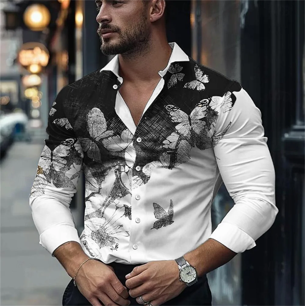 

Butterfly Business Men's Shirt High Quality Butterfly Pattern Long Sleeve Shirt Fashionable Men's Clothing Extra Large Size Desi