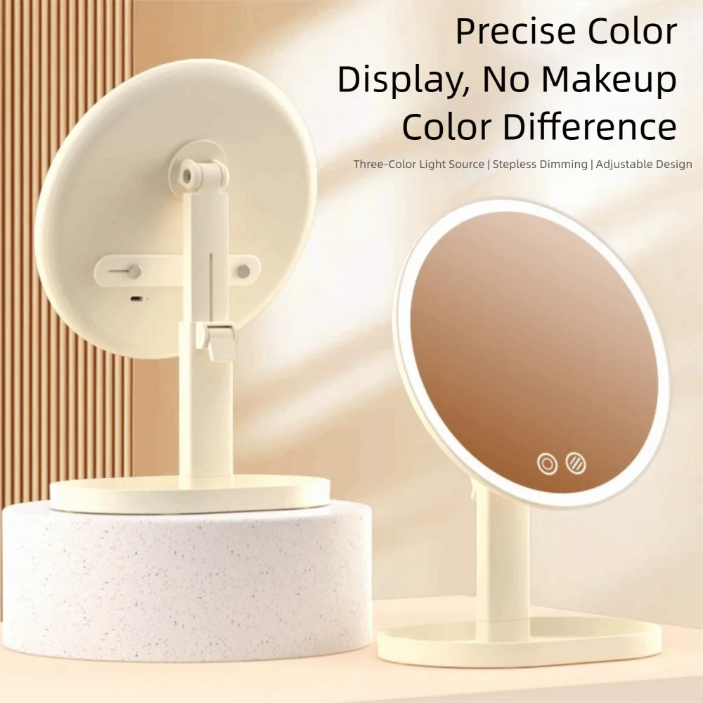 Removable Makeup Mirror with LED Light Tricolor Light Rotatable Daylight Vanity Mirror with Storage Base Touch Control