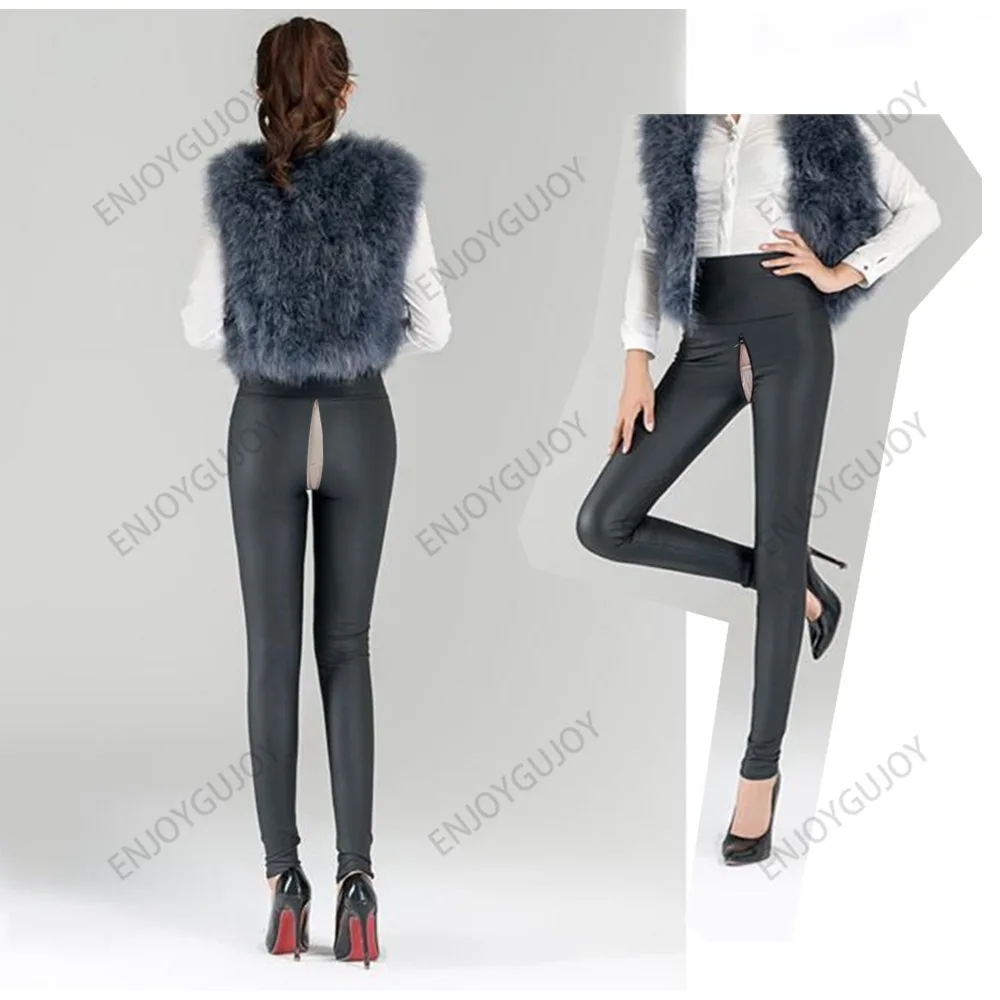 Invisible Open-crotch Outdoor Sex High waisted Pu Leather Pants Women's Slim fit All Tight Leggings Long Pants