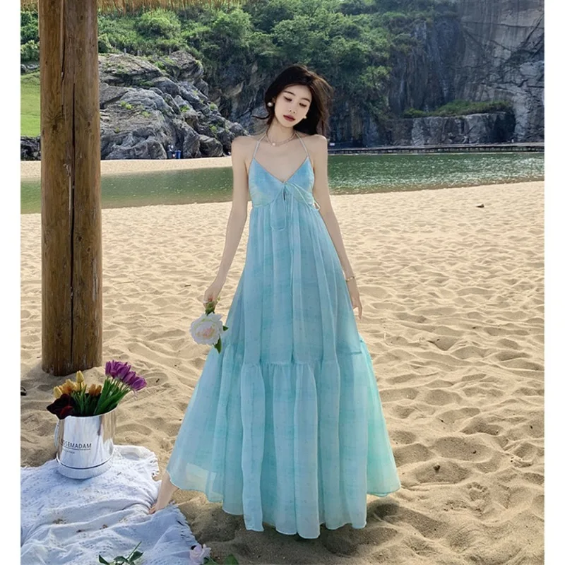 

Shipmishal French Fashion Temperament Mint Green V-neck Strap Long Dress Dopamine Seaside Vacation Fairy Dresses Female Clothing