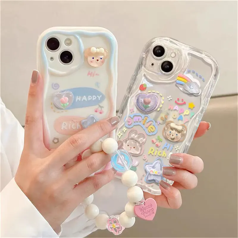 Charming 3D Bear & Flower Chain Lanyard Clear Soft Phone Case