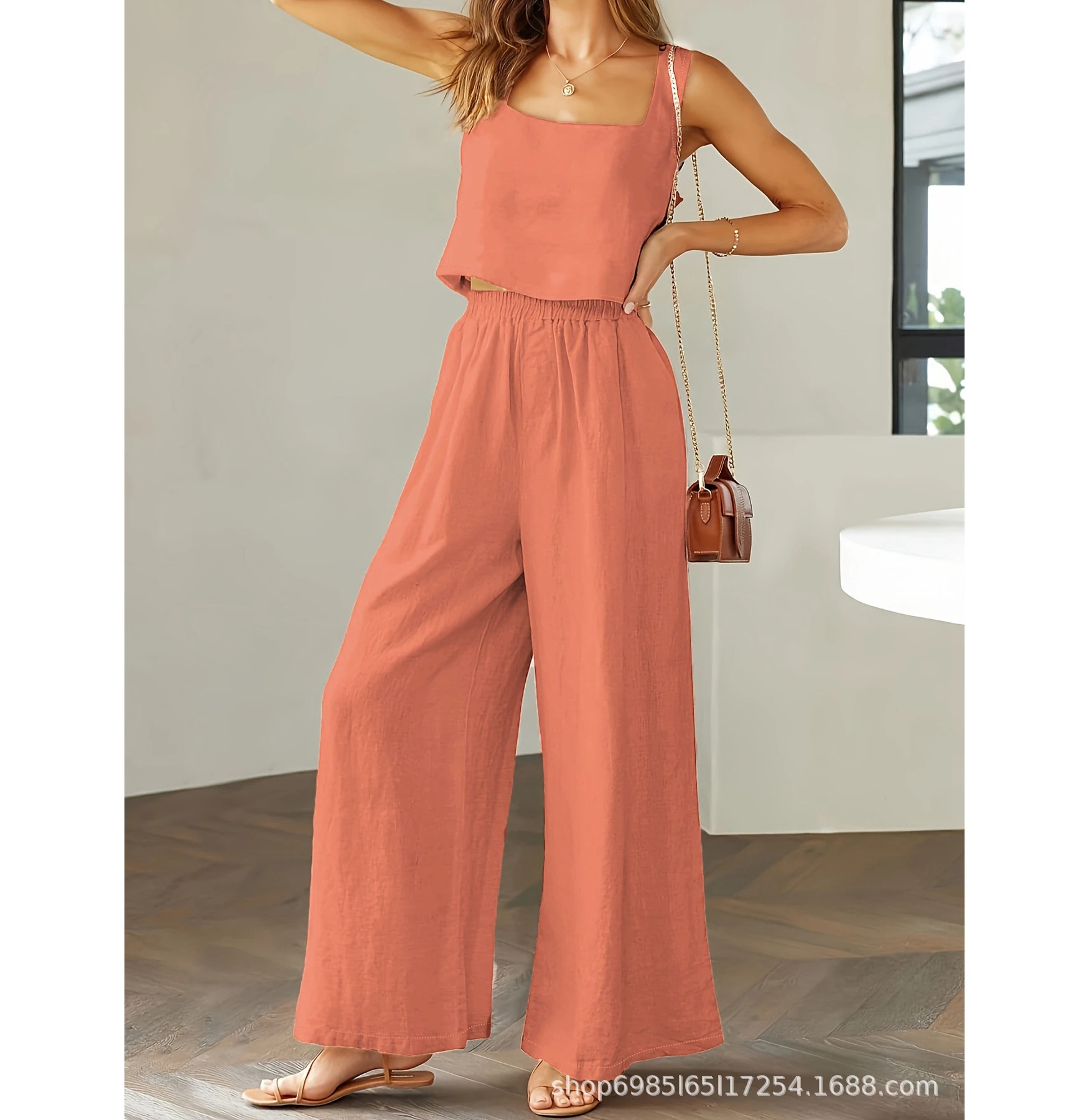 Pantsuit 2 Piece Set for Women 2024 Casual Solid Sleeveless Square Neck Crop Top & Wide Leg Pants Sets Ensemble Femme Suits y2k