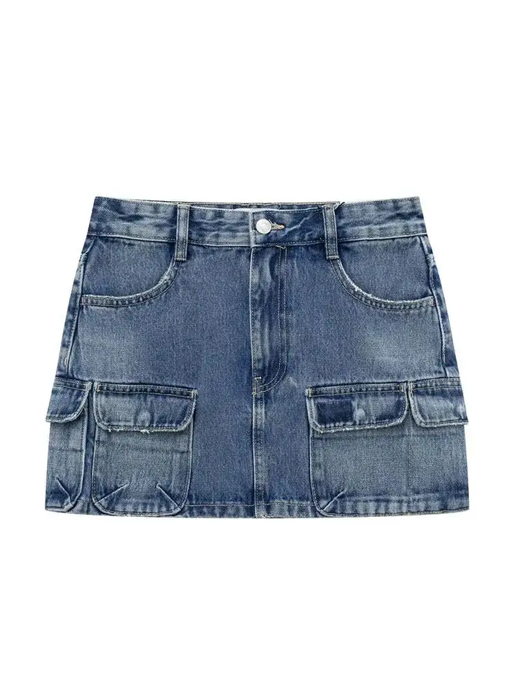 

Женская джинсовая мини-юбка, винтажная Повседневная модная Привлекательная юбка с множеством карманов и высокой талией, лето 2024