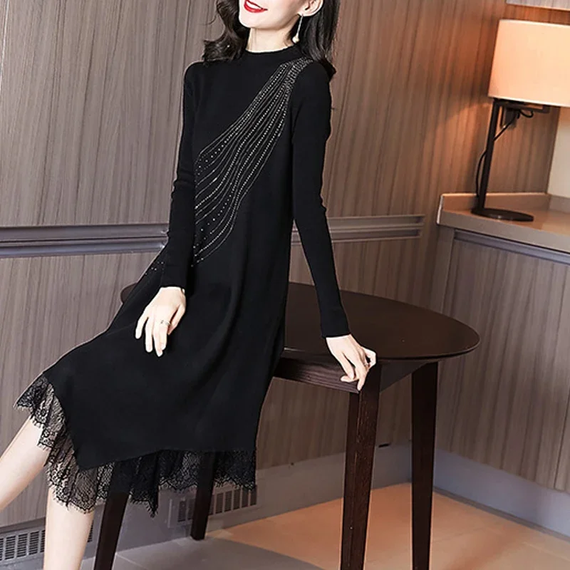 

Women French Elegant Knit Sweater Dress Autumn Winter Clothes Fashion Print Patchwork Lace Female Irregular Hem Dresses CY13