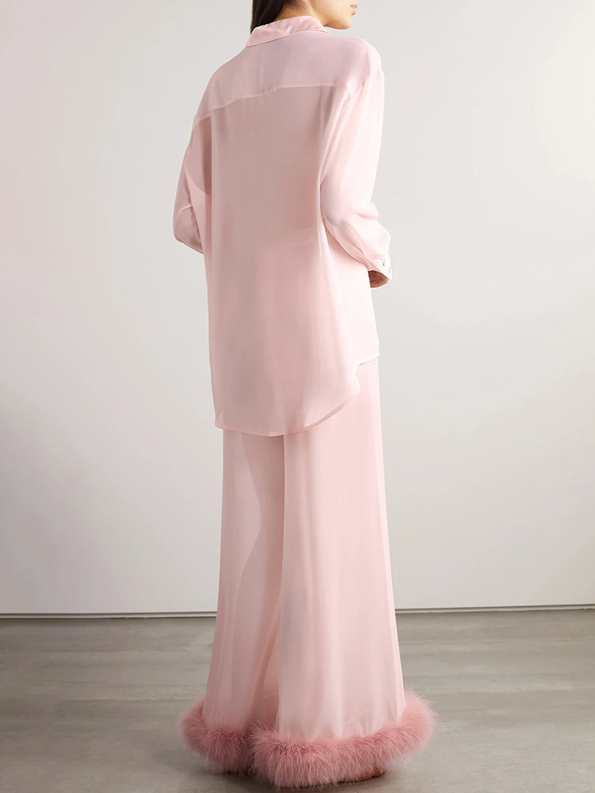 Marthaqiqi Fashion Pink Women Nightie Suit Long Sleeve Nightwear Turn-Down Collar Sleepwear Wide Leg Pants Feathers Home Clothes