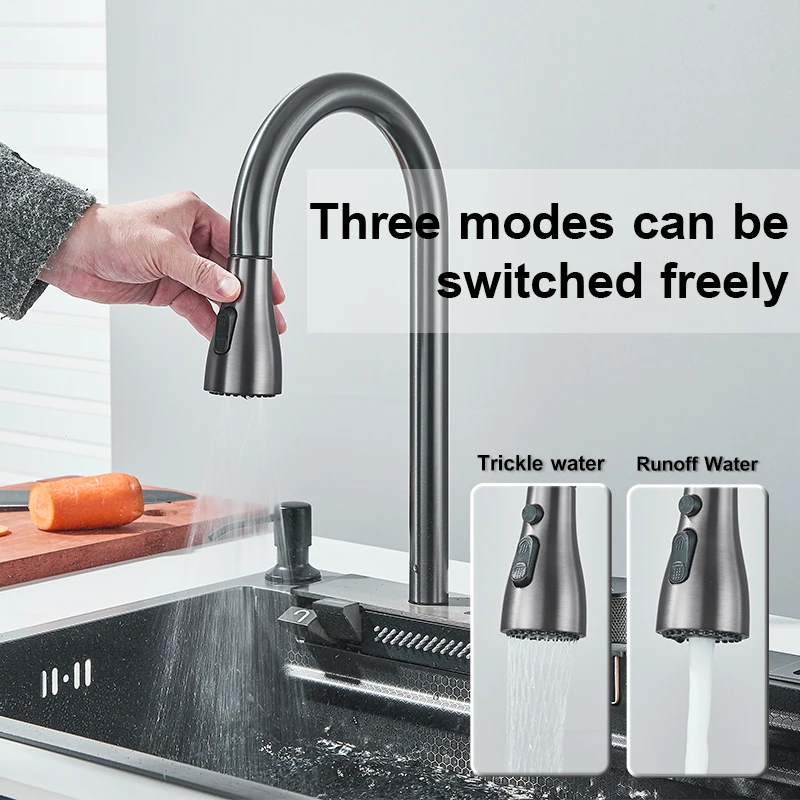 304 Stainless Steel Waterfall Kitchen Sink Large Single Slot Integrated Digital Display Faucet Set Soap Dispenser knife Board 2