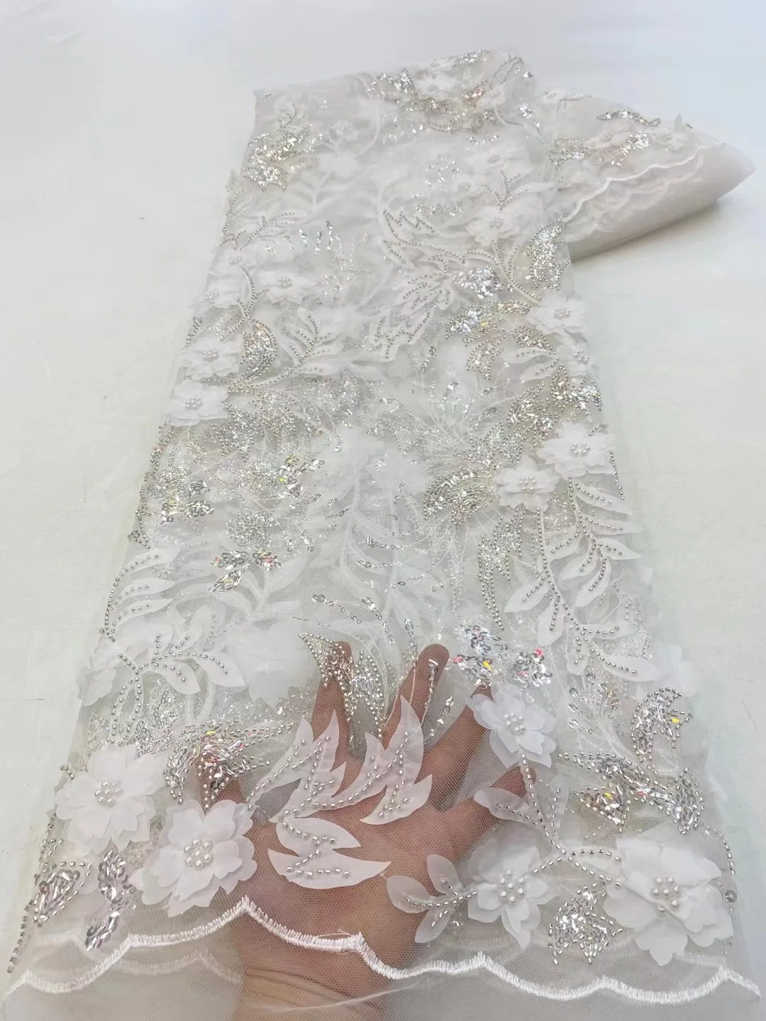 

2022 Handmade Sequins Lace Fabrics High Quality 3D Applique African Beaded Tulle Fabric Embroidery French Bride Lace Wedding Sew