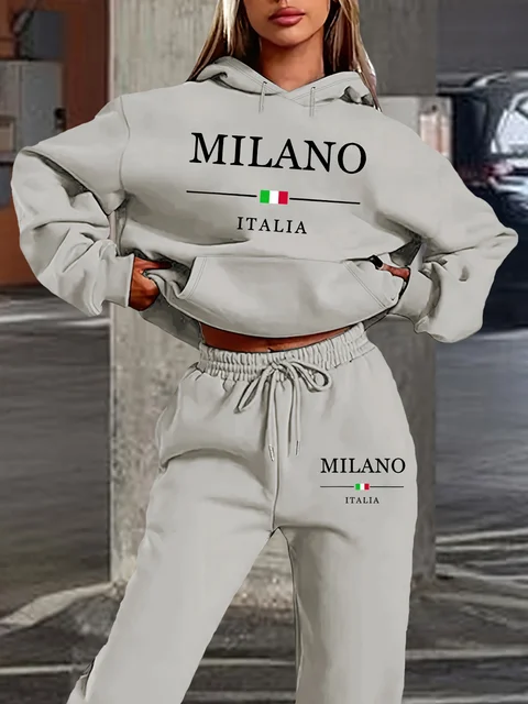 Women's autumn and winter fashion casual MILANO ITALIA printed and plush thick warm hooded sweatshirt+sports pants set