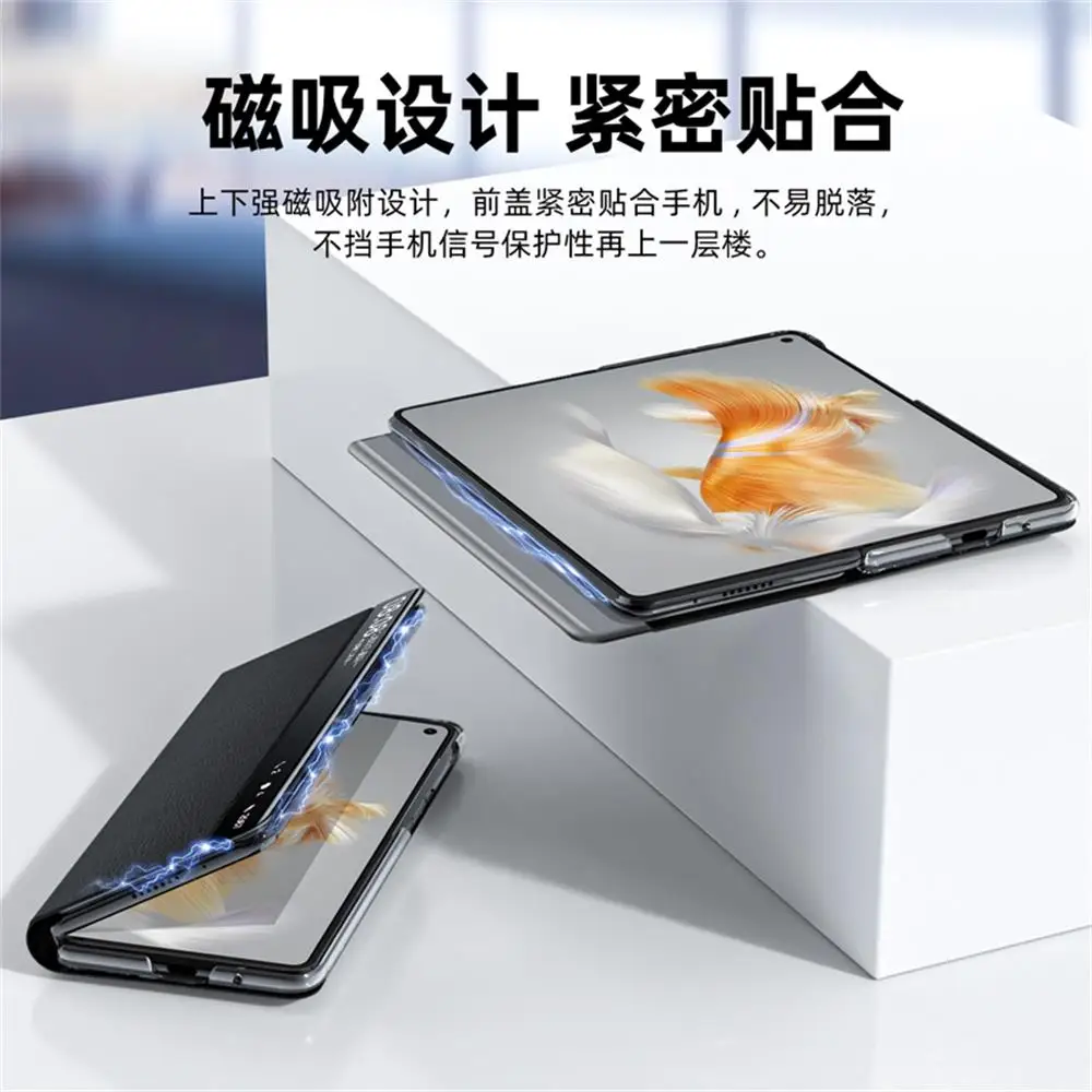 For Huawei Mate X3 Case Luxury Litchi Grain Plain Leather Bracket Intelligent Window Folding Shockproof Hard Cover Accessories