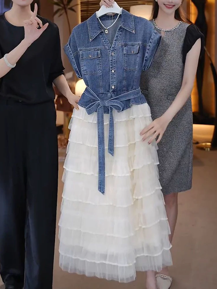 مزاجه الدنيم الأعلى مع حزام الدانتيل شبكة تنورة قطعتين مجموعة الكورية ركاب نمط أزياء فستان قصير الأكمام مجموعات للنساء