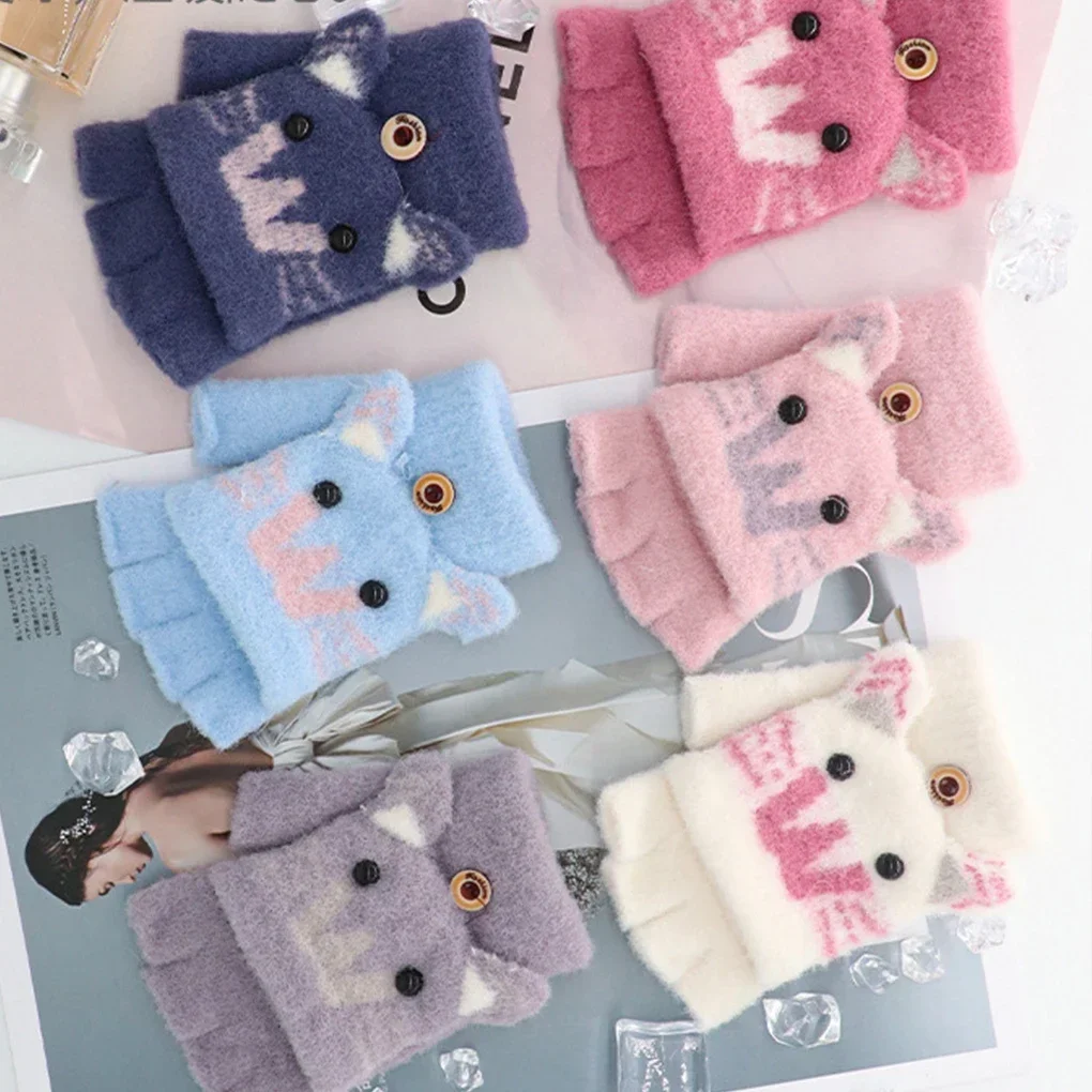 Knitted Gloves Cute Kids Gloves Winter Warm Faux Fur Knit Boy Girl Cartoon Half Finger Flip Cover Outdoor 5-12years