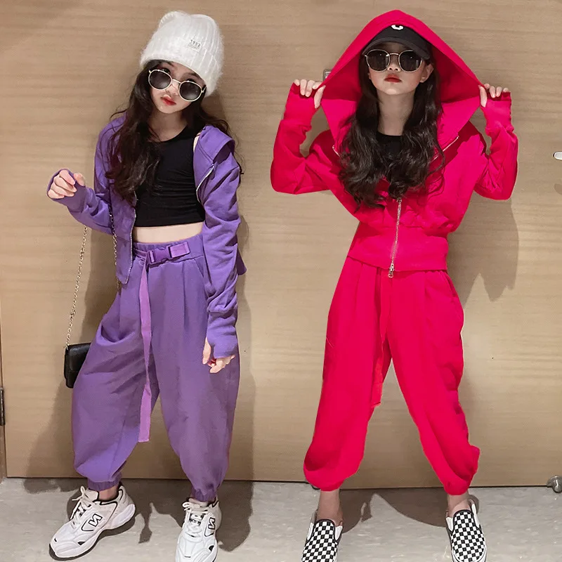

Spring and Autumn New Kids Girls Hooded Zipper Top Cute Princess Sports Suit Teenage Child Boutique Outfits Two-piece Set