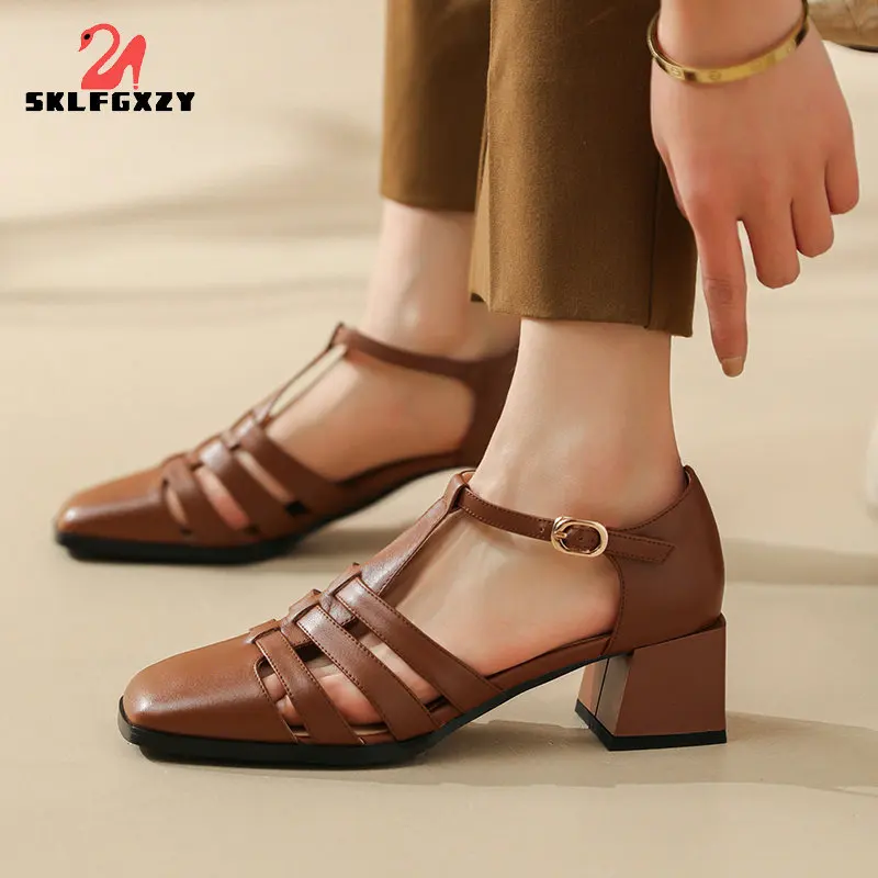 

GADIATOR 2022 New Women Real Leather Shoes Summer Sandals Buckle Strap Hollow Out Beach Sandals Cool Ladies Footwear Size 34-41