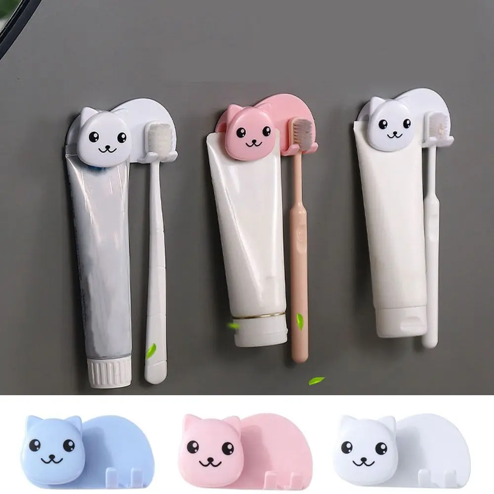 Plastic Cat Shaped Toothbrush Holder 2 in 1 Toothbrush Toothpaste Rack Wall Mounted Facial Cleanser Storage Clip
