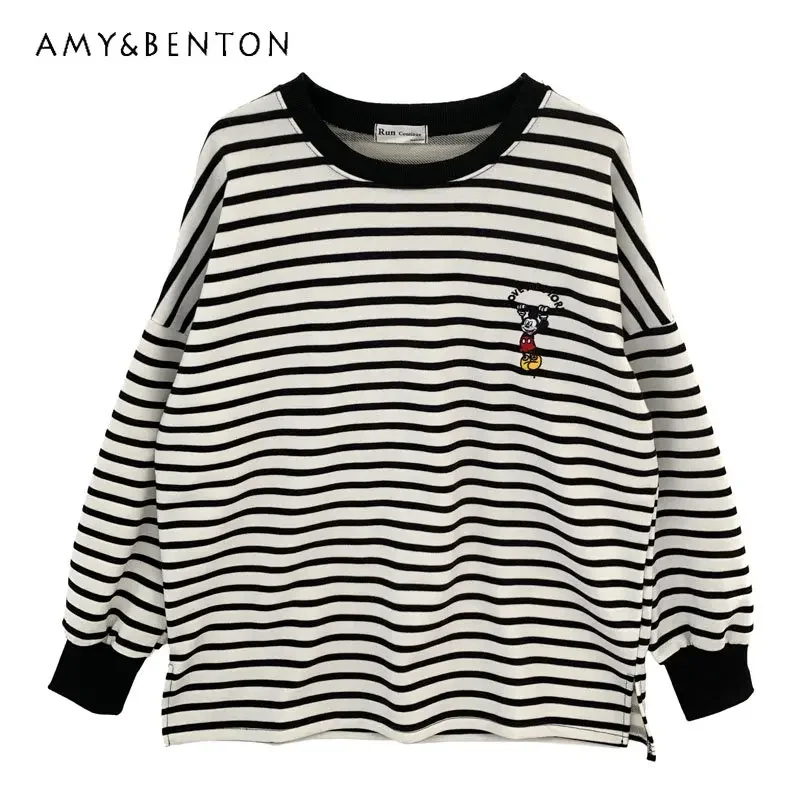 Potdemiel Spring Autumn Thin Loose Oversize Sweatshirts For Ladies Simple Fashionable Embroidered Cotton Striped Pullovers Women