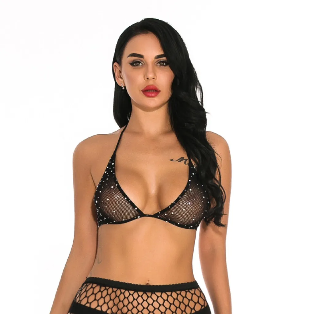 New Women'S Black Hollow Neck Bra Sexy Women Fishnet Lingerie Shiny Diamond Bandage Bra Underwear Sleepwear Ropa Interior