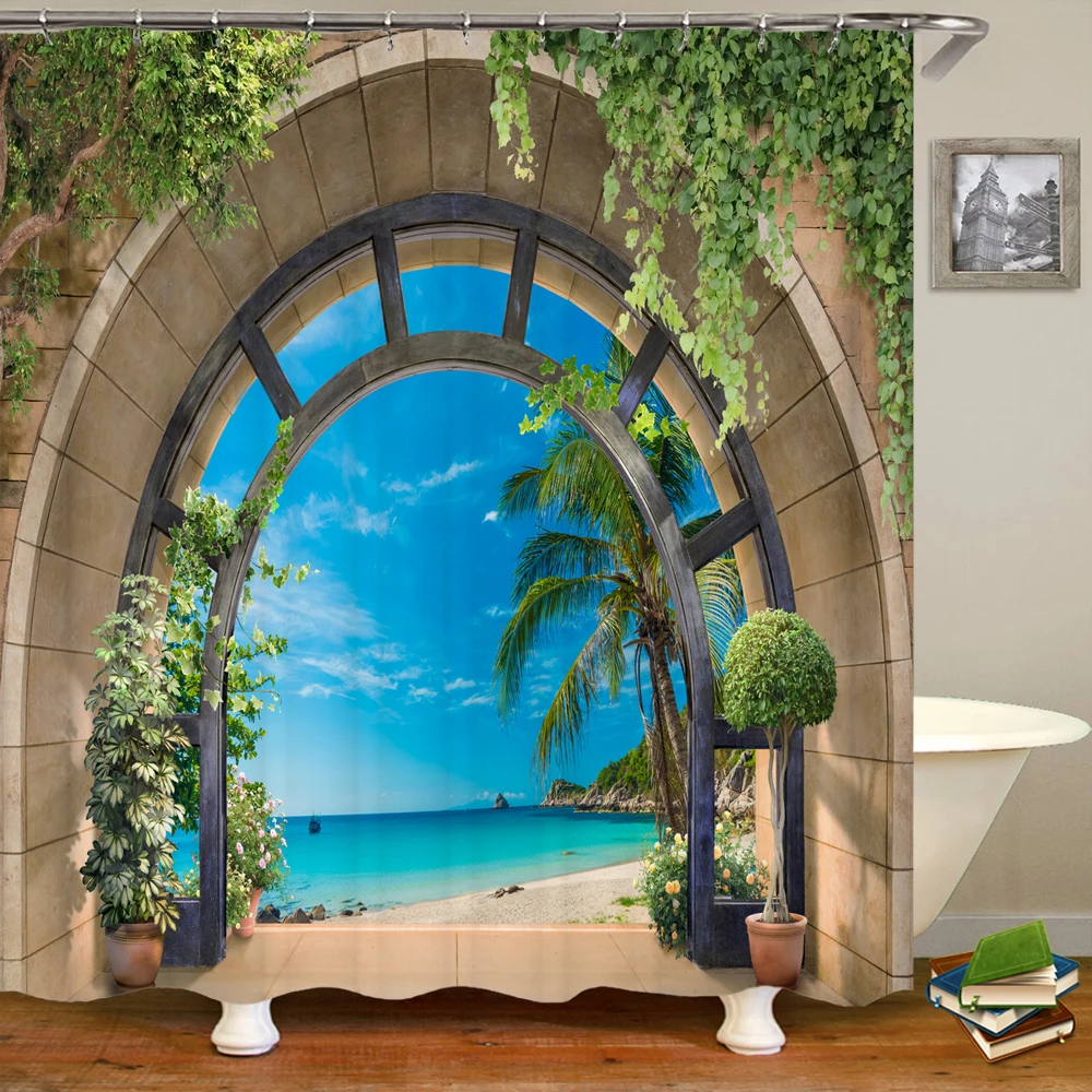 

3D Landscape seaside outside the archway print bathroom shower curtain polyester waterproof home decoration curtain with hooks