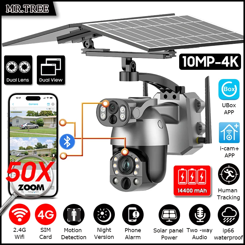 50X Optical ZOOM 10MP Solar Camera 4G SIM 360° Outdoor Dual Lens Human Tracking WIFI Battery Security Cameras PIR Night Vision 1