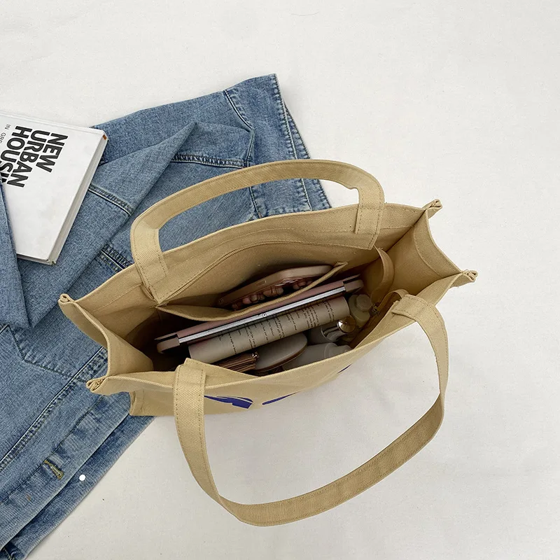 Canvas Bag Letter Leisure Fashion Student Handbag Daily Commute Shoulder Bag for Ladies Girl Casual Trendy All-match Solid Color