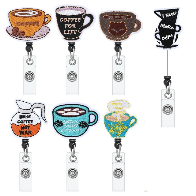 Cartoon Hand-Embroidered Coffee Cup Series Badge Key Chain Rotatable  Telescopic Easy-To-Pull Student Work Clip Key Chain - AliExpress