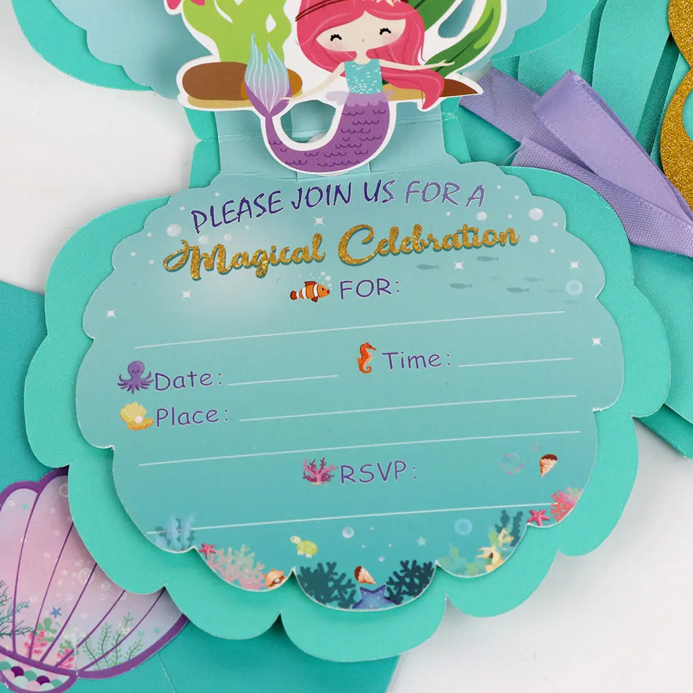 6pcs Invitation card Mermaid Party Invitations, Mermaid Birthday Party Supplies with Envelopes for Kids Girls Birthday Wedding
